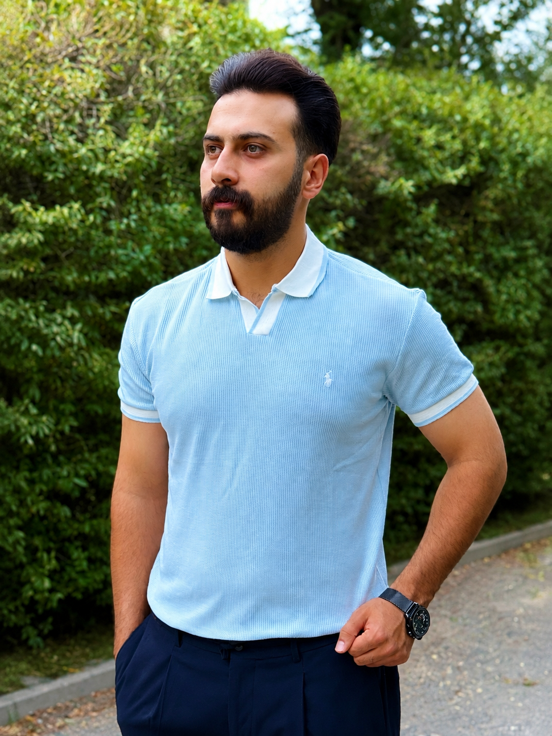 پولوشرت پارچه حصیری یقه شکاری